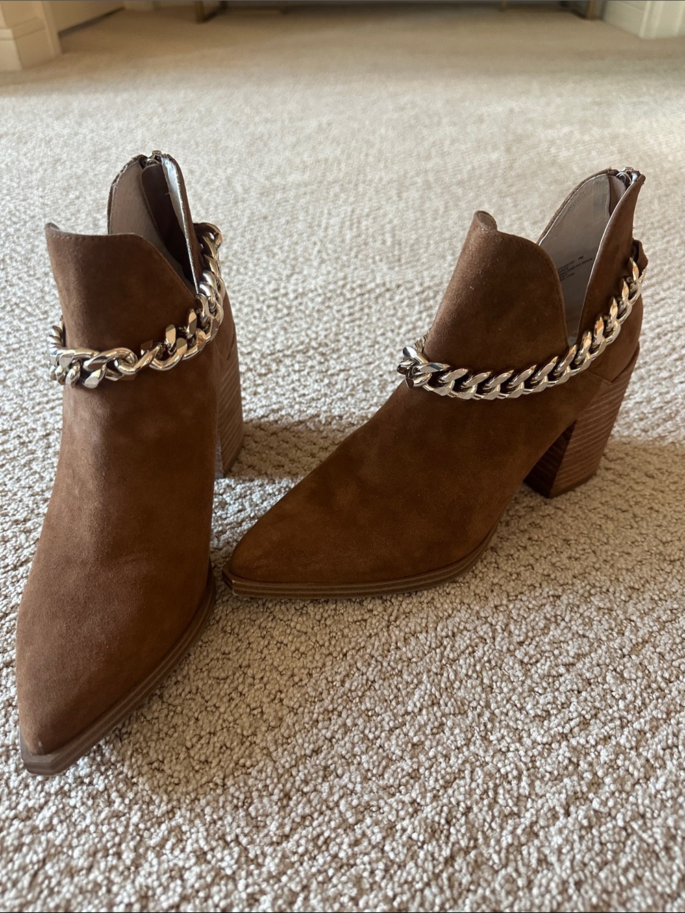 Steve Madden Brown Suede Pointed Ankle Booties with Chain Accent